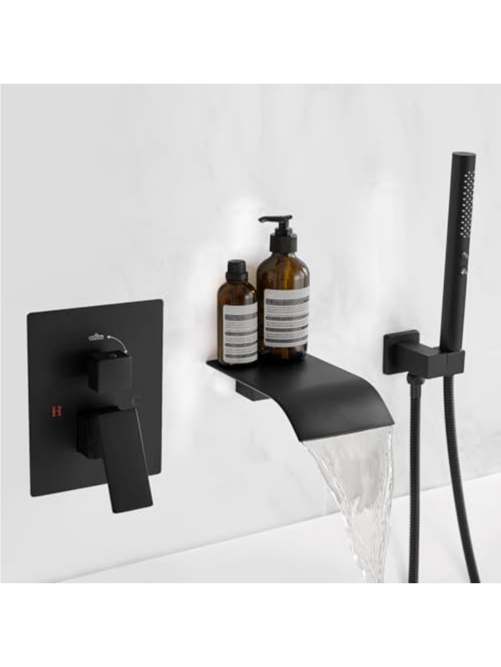 Matte Black Waterfall Bathtub Faucet with Hand Shower and Shelf